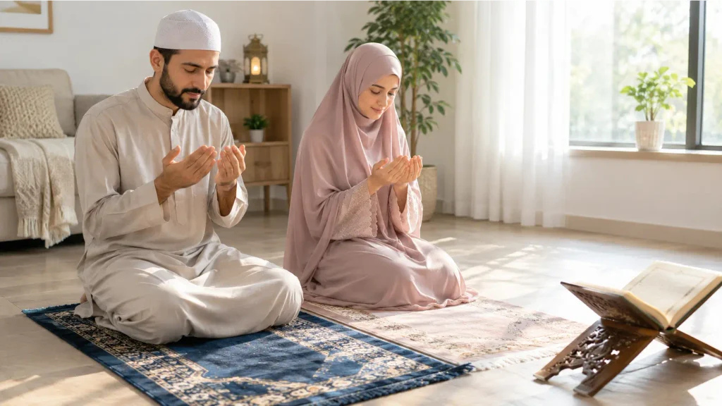 Muslim couple making dua for love peace and happiness in marriage