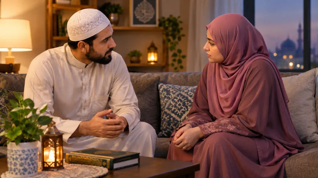 Muslim husband and wife resolving marital difficulties with patience