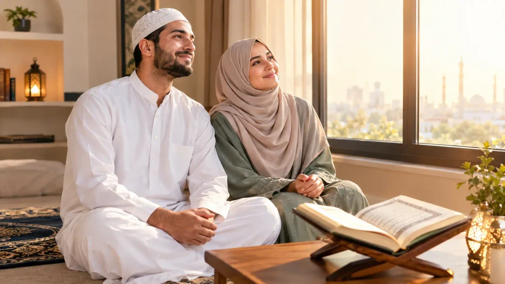 Peaceful Muslim couple praying for a blessed matrimonial relationship