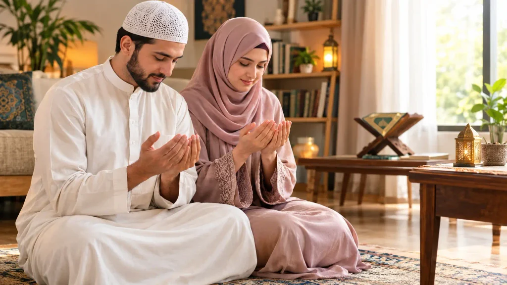 Peaceful Muslim couple praying for a blessed matrimonial relationship
